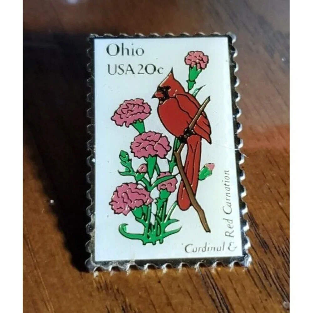 OHIO USA 20 Cent Commemorative Stamp Lapel Pin CARDINAL & RED CARNATION 1989